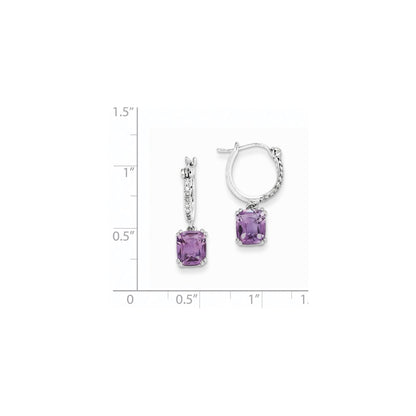 14k White Gold Real Diamond and Amethyst Dangle Hoop Earrings