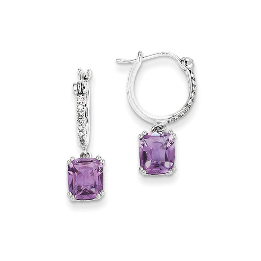 14k White Gold Real Diamond and Amethyst Dangle Hoop Earrings