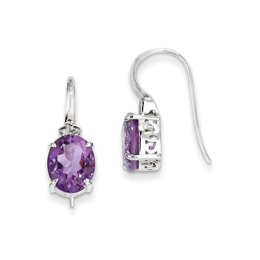 14k White Gold Real Diamond and Amethyst Oval Dangle Earrings