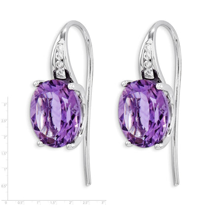 14k White Gold Real Diamond and Amethyst Oval Dangle Earrings