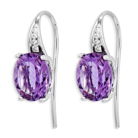 14k White Gold Real Diamond and Amethyst Oval Dangle Earrings