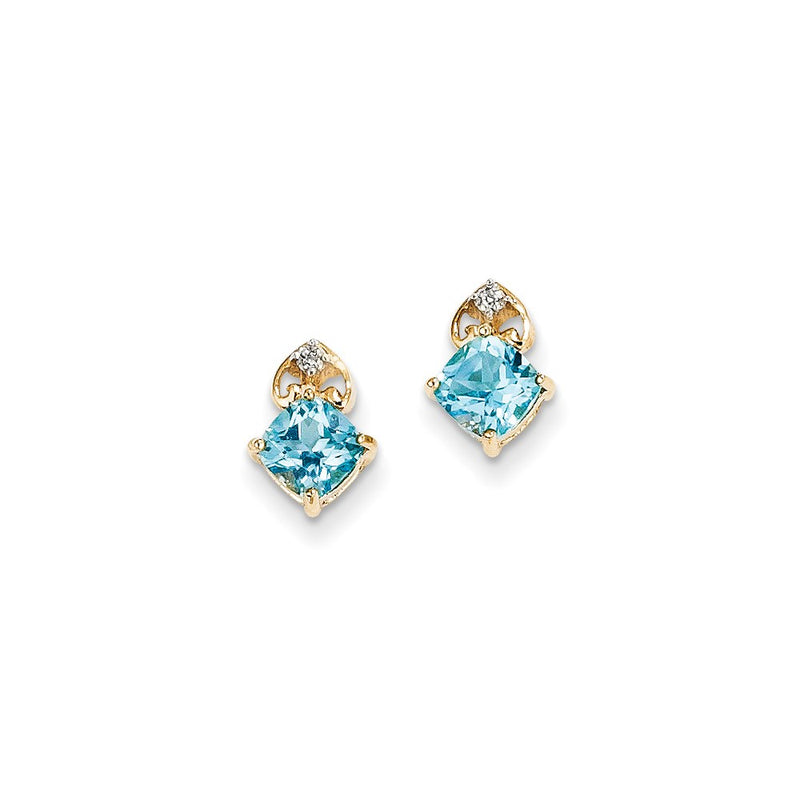 14k Yellow Gold Real Diamond & Light Swiss Blue Topaz Post Earrings