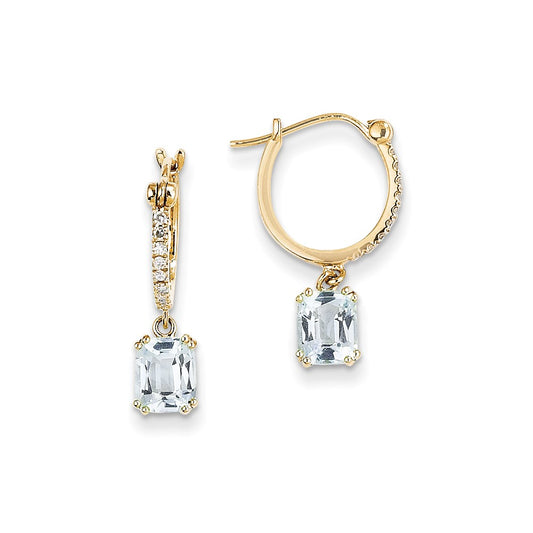 14k Yellow Gold Real Diamond & Blue Topaz Dangle Hoop Earrings