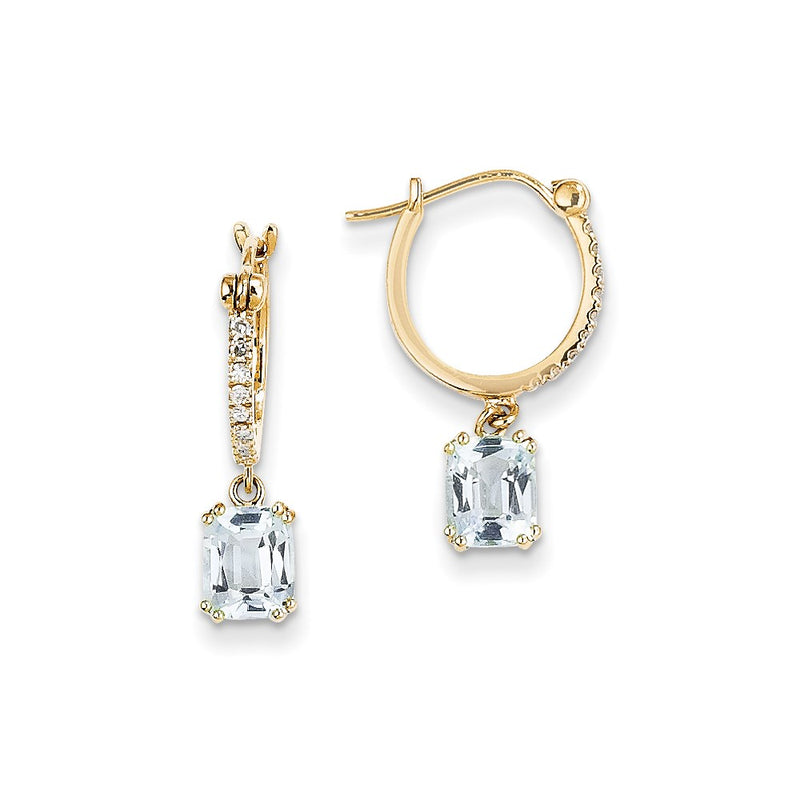 14k Yellow Gold Real Diamond & Blue Topaz Dangle Hoop Earrings