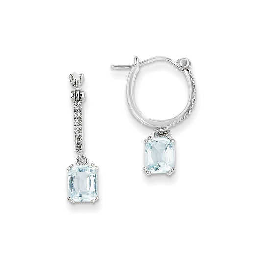 14k White Gold Real Diamond and Blue Topaz Dangle Hoop Earrings