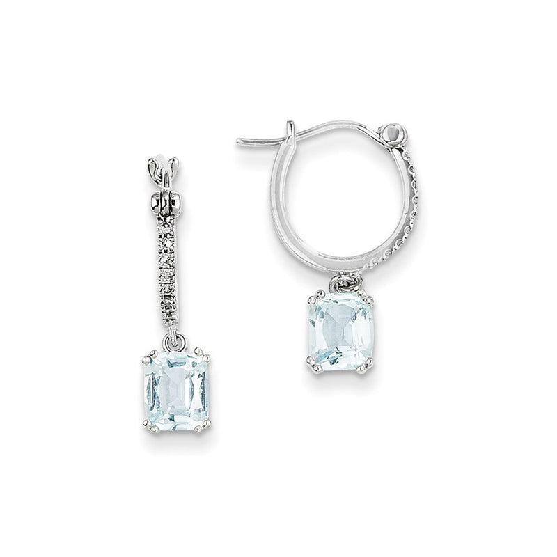 14k White Gold Real Diamond and Blue Topaz Dangle Hoop Earrings