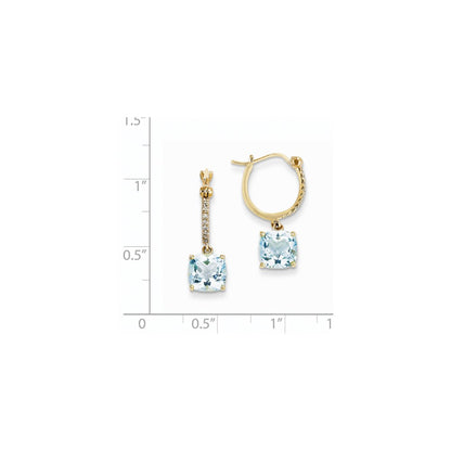14k Yellow Gold Real Diamond & Blue Topaz Dangle Hoop Earrings