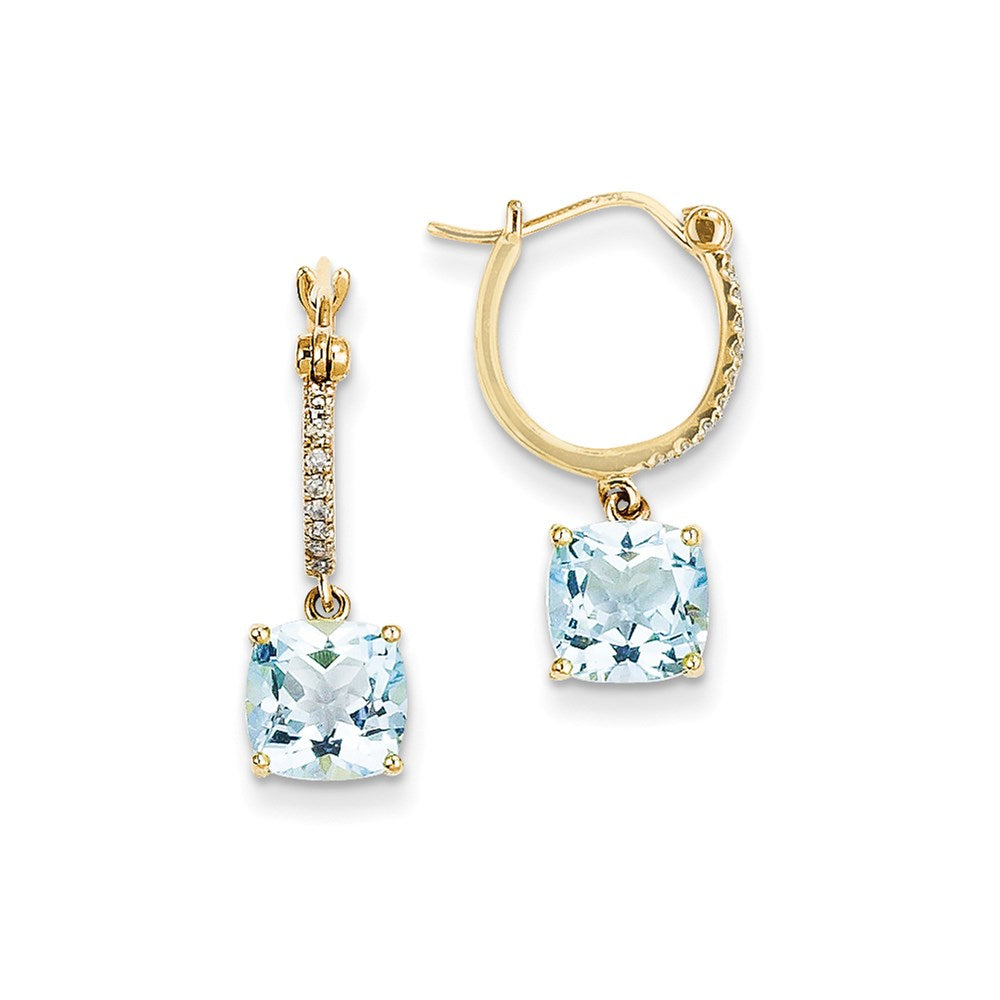 14k Yellow Gold Real Diamond & Blue Topaz Dangle Hoop Earrings