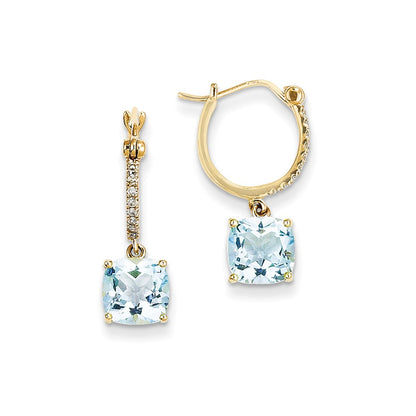 14k Yellow Gold Real Diamond & Blue Topaz Dangle Hoop Earrings