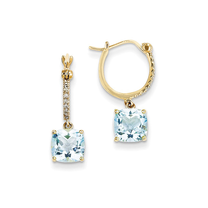 14k Yellow Gold Real Diamond & Blue Topaz Dangle Hoop Earrings