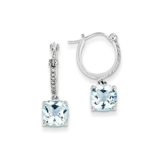 14k White Gold Real Diamond and Blue Topaz Dangle Hoop Earrings
