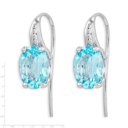 14k White Gold Real Diamond and Blue Topaz Oval Dangle Earrings