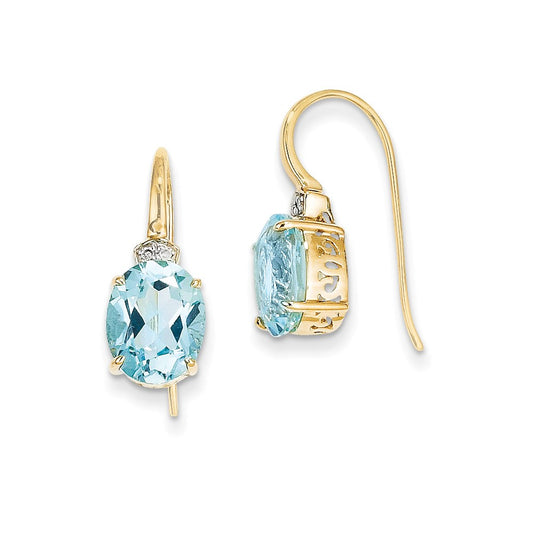 14k Yellow Gold Real Diamond & Blue Topaz Oval Dangle Earrings