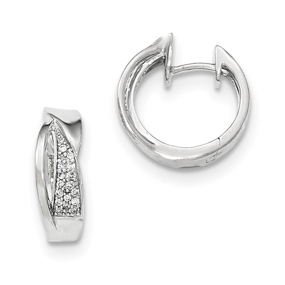 14K White Gold Real Diamond Polished Hinged Hoop Earrings