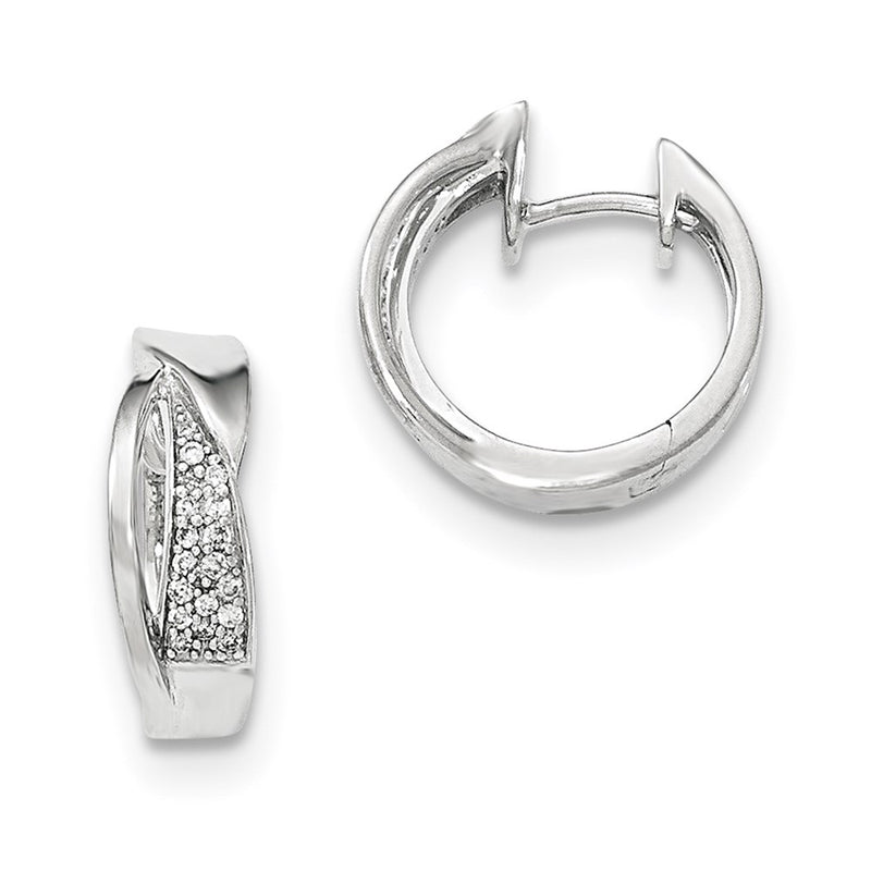 14K White Gold Real Diamond Polished Hinged Hoop Earrings