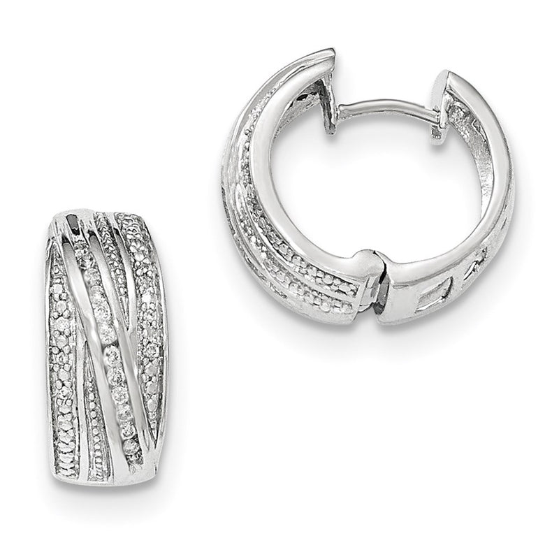 14K White Gold Real Diamond Polished Hinged Hoop Earrings