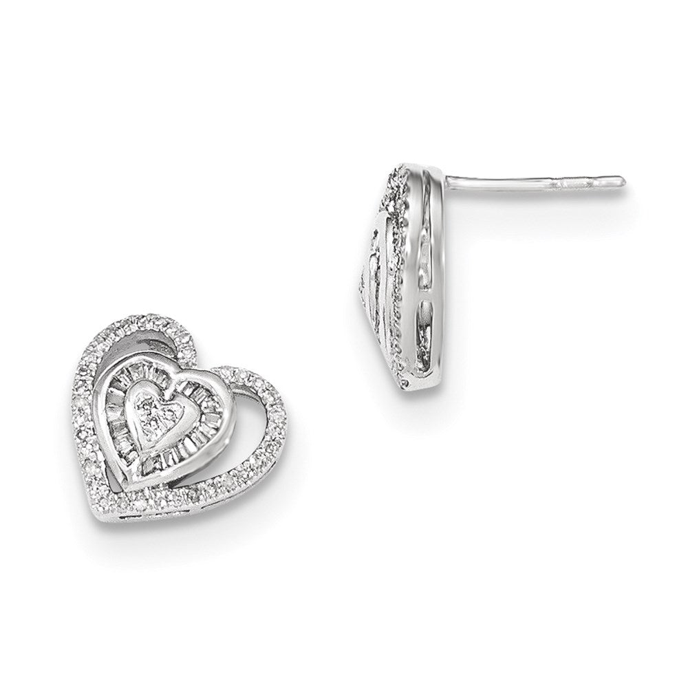 14k White Gold Real Diamond Double Heart Post Earring