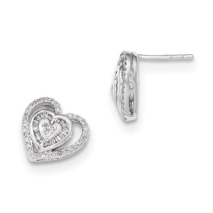 14k White Gold Real Diamond Double Heart Post Earring