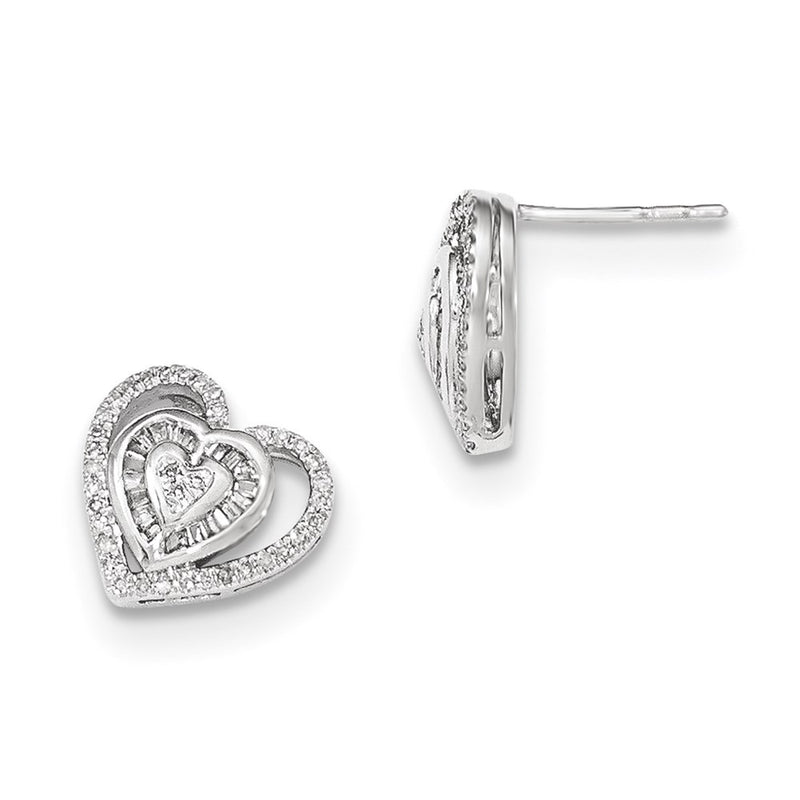 14k White Gold Real Diamond Double Heart Post Earring