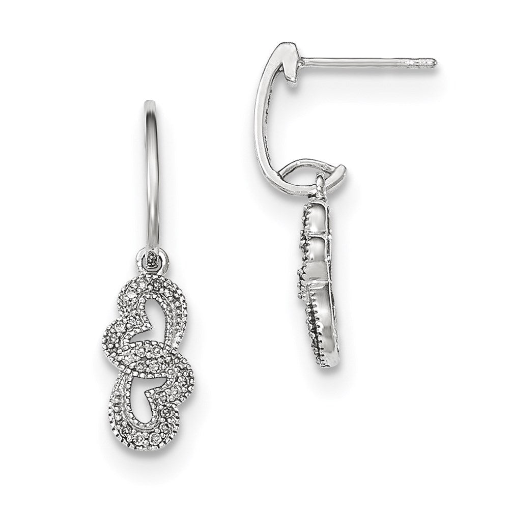 14k White Gold Real Diamond Double Heart Post Dangle Earring
