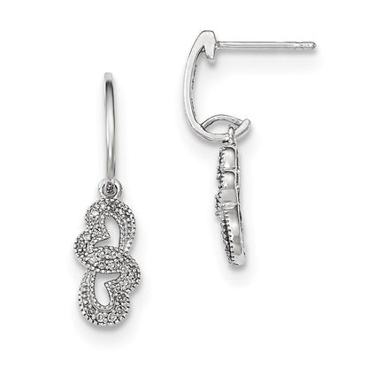 14k White Gold Real Diamond Double Heart Post Dangle Earring