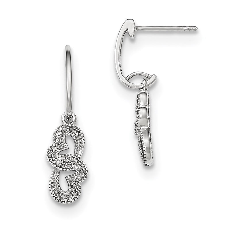 14k White Gold Real Diamond Double Heart Post Dangle Earring