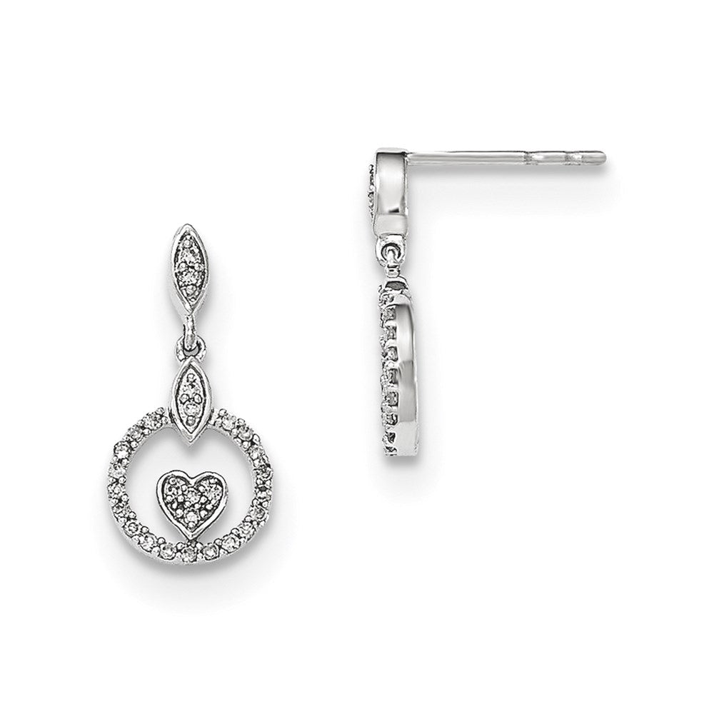 14kt W Gold Polished Circle w/Heart Real Diamond Post Dangle Earrings