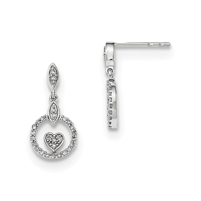 14kt W Gold Polished Circle w/Heart Real Diamond Post Dangle Earrings