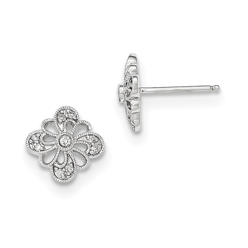 14k White Gold Real Diamond Openwork w/Milgrain Post Earrings