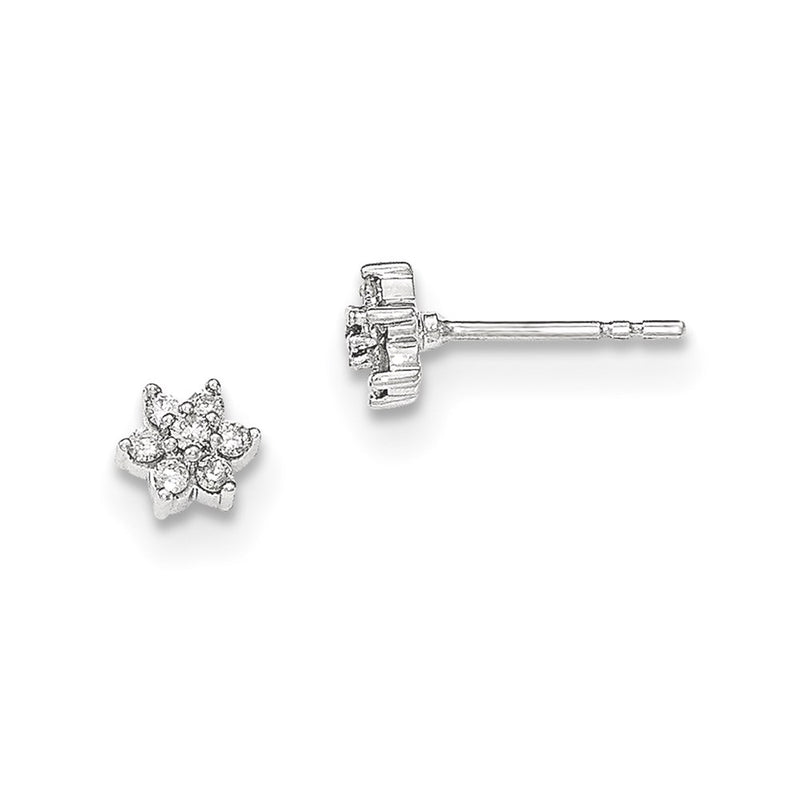14k White Gold Polished Flower Real Diamond Post Earrings