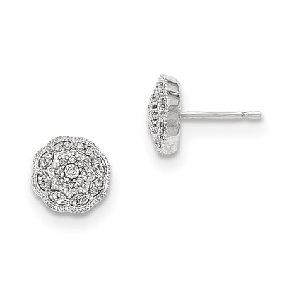 14K White Gold Real Diamond Round Post Earrings
