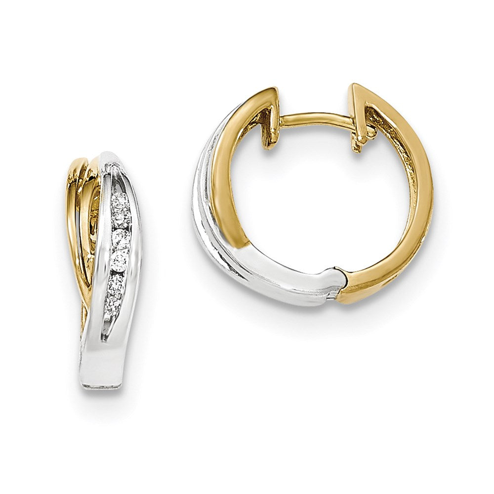 14k Yellow Gold Real Diamond w/ Rhodium Polished Hinged Hoop Earrings