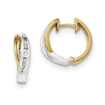 14k Yellow Gold Real Diamond w/ Rhodium Polished Hinged Hoop Earrings