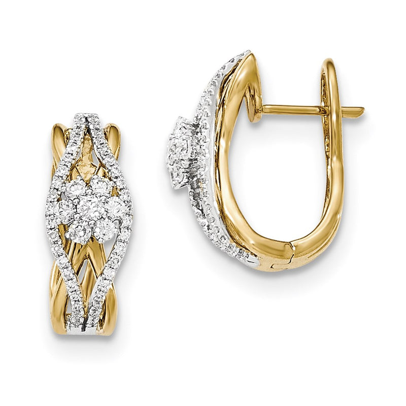 14k Yellow Gold White Rhodium Fancy Undercarriage Real Diamond Hinged Post Earrings