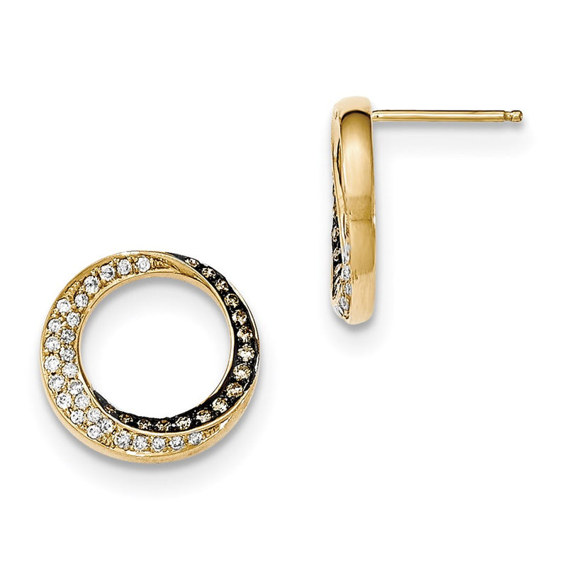 14k Yellow Gold Champagne/White Real Diamond Circle Post Earrings