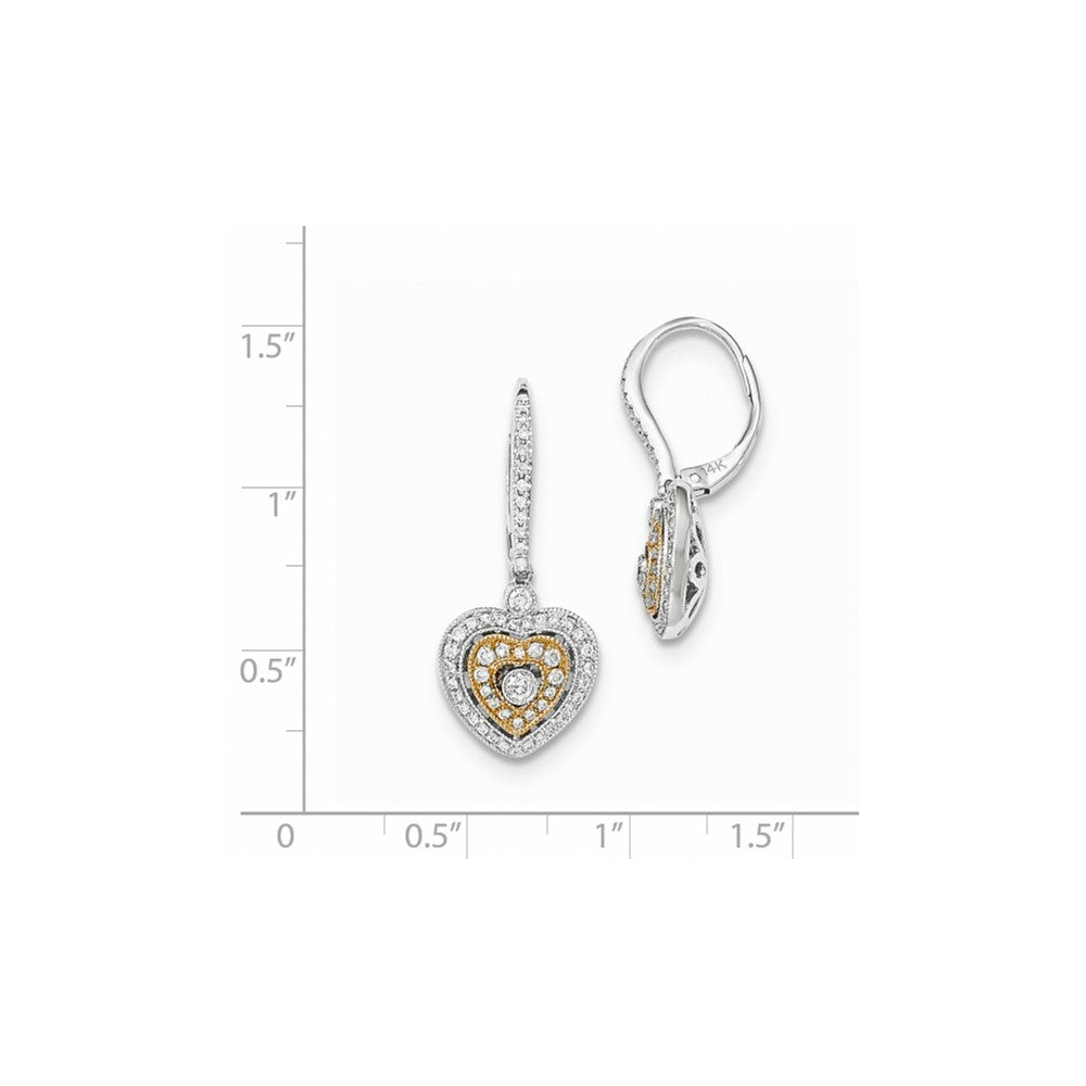 14k Yellow Gold Two-Tone Real Diamond Heart Leverback Dangle Earrings