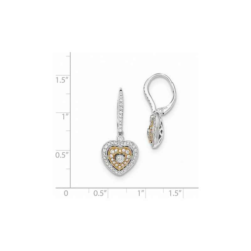 14k Yellow Gold Two-Tone Real Diamond Heart Leverback Dangle Earrings