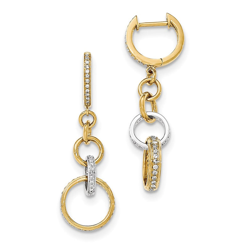 14k Yellow Gold Two-tone Real Diamond Circle Dangle Hinged Hoop Earrings