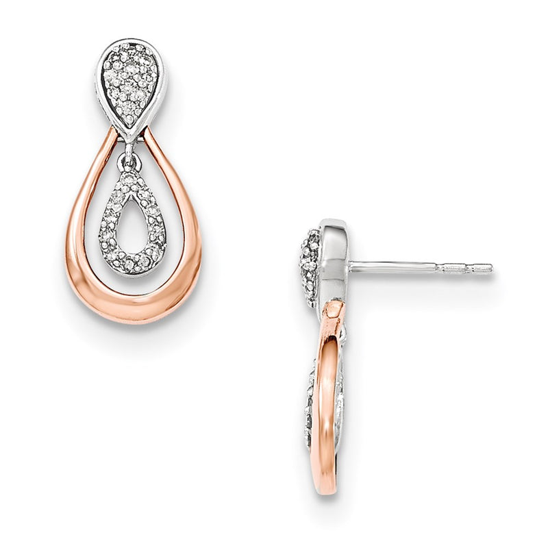 14K Yellow Gold White and Rose Gold Real Diamond Post Dangle Earrings