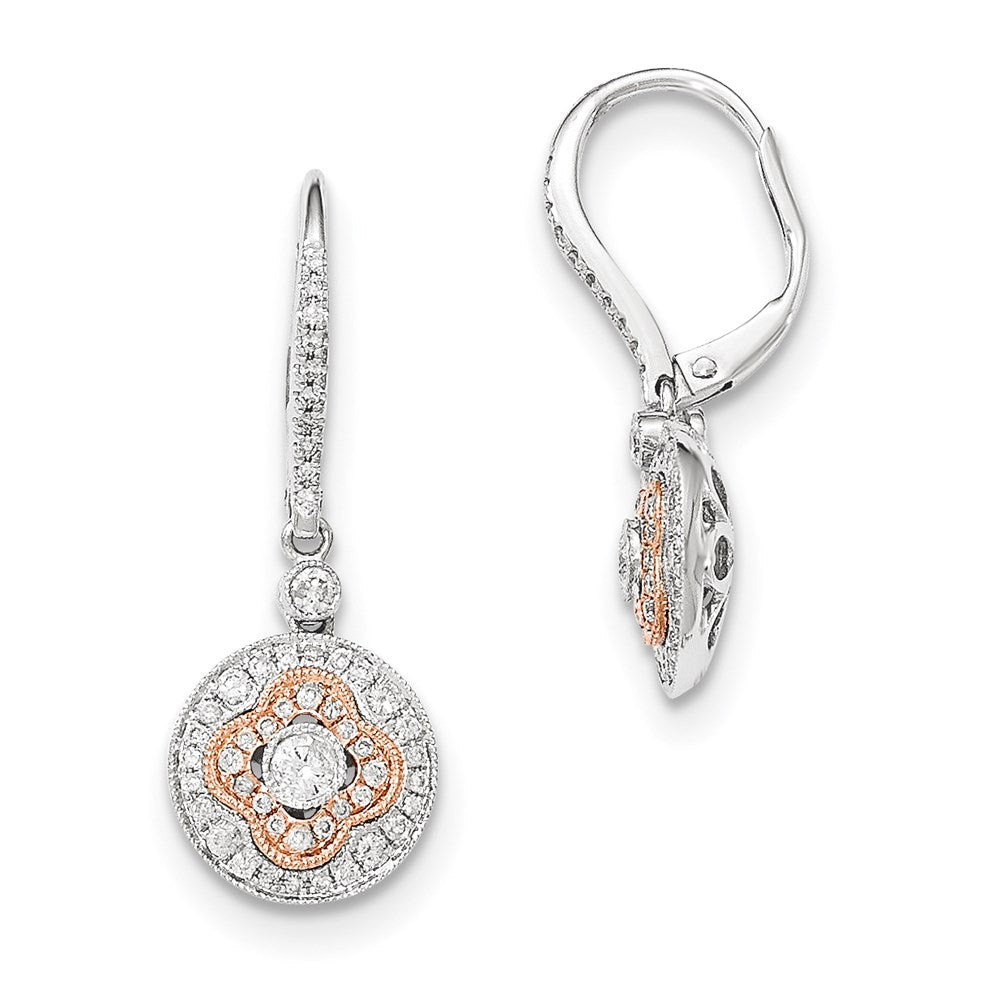 14k Yellow Gold Two-Tone Real Diamond Circle Leverback Earrings