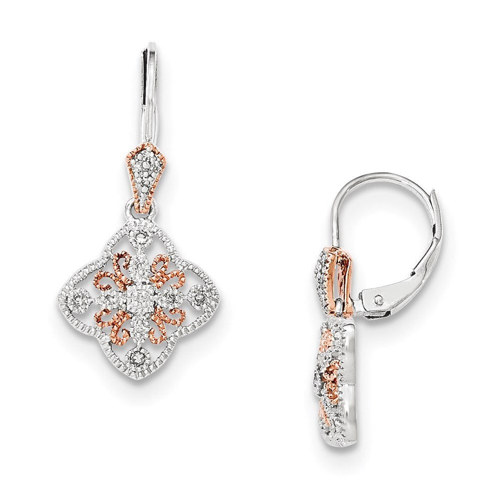 14K White Gold w/Rose Rhodium Real Diamond Leverback Earrings