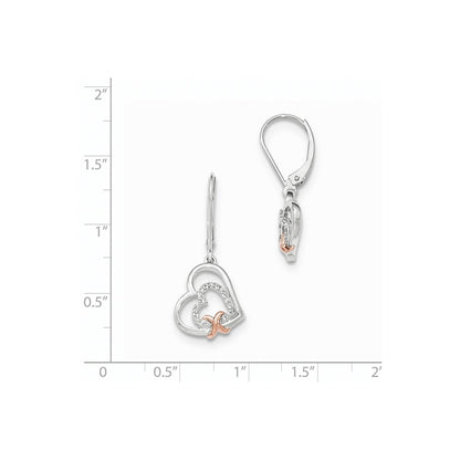 14k White Gold Real Diamond w/ Rose Gold Heart Dangle Hinged Hoop Earrings