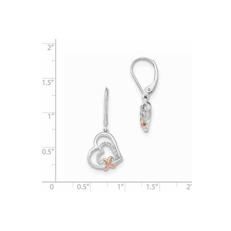 14k White Gold Real Diamond w/ Rose Gold Heart Dangle Hinged Hoop Earrings