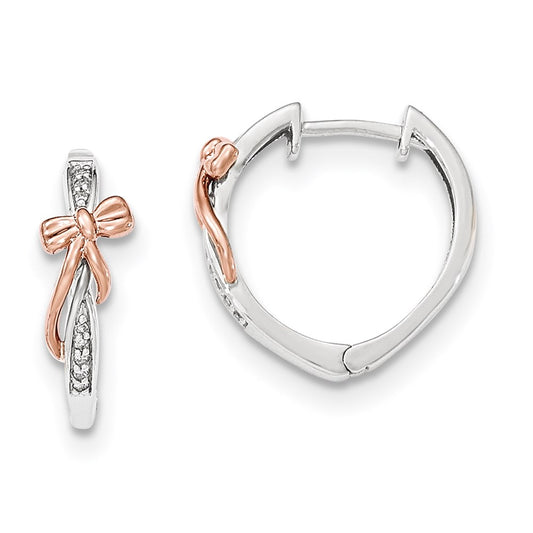 14k Yellow Gold Two-toned Real Diamond Polished w/bow Hinged Hoop Earrings