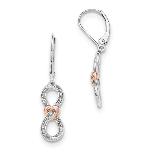 14k Yellow Gold White Gold Real Diamond Infinity w/ Rose Gold Heart Leverback Earrings