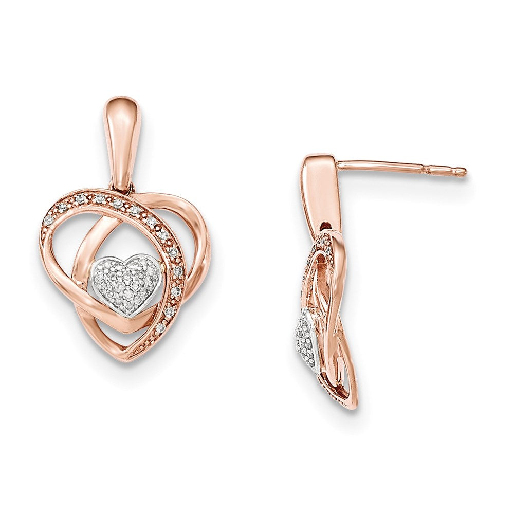 14k Yellow Gold Two-tone Real Diamond Heart Post Dangle Earrings