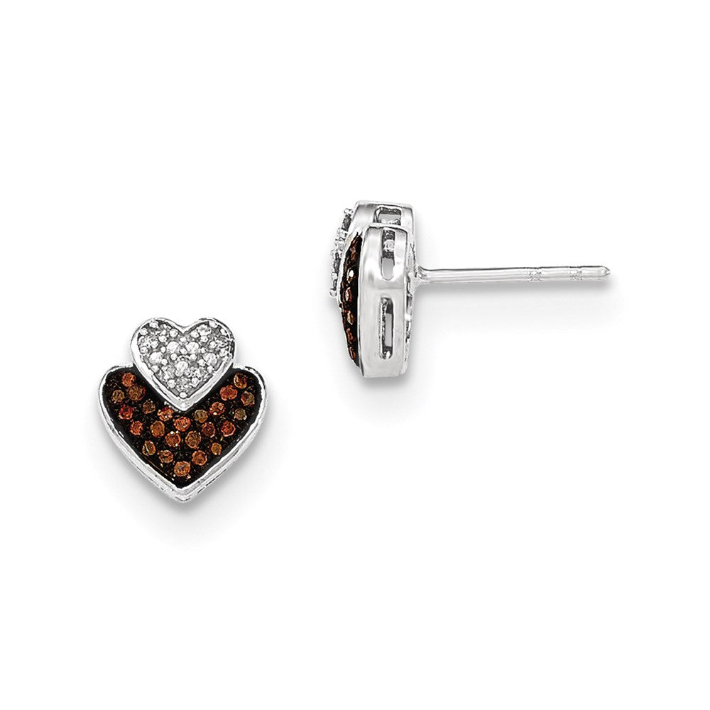 14k White Gold Cognac and White Real Diamond Double Heart Post Earring