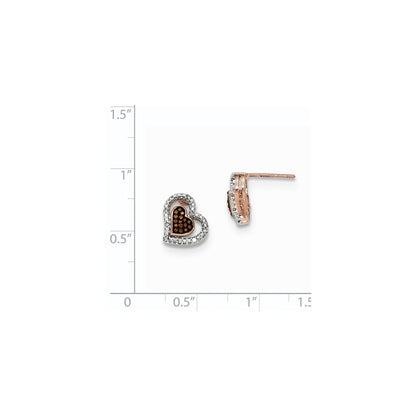 14K Rose Gold Brown and White Real Diamond Double Heart Post Earrings