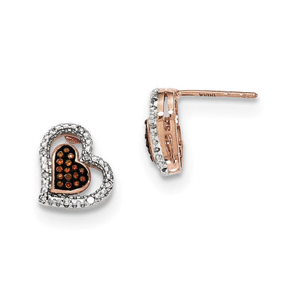 14K Rose Gold Brown and White Real Diamond Double Heart Post Earrings