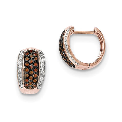 14k Rose Gold Red Cognac and White Real Diamond Hinged Hoop Earrings